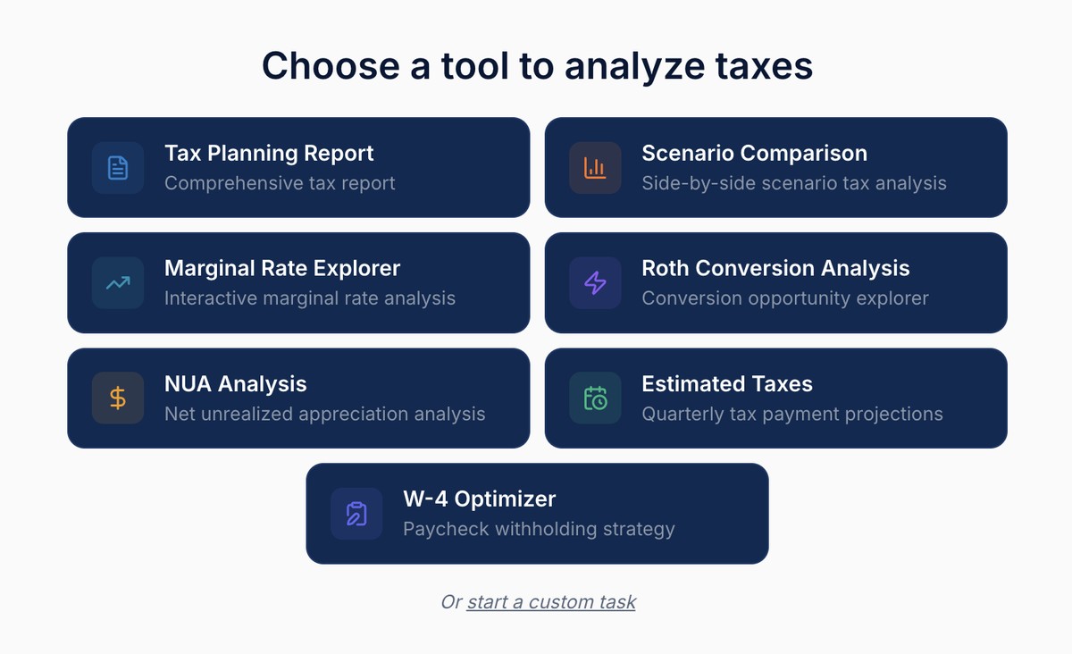 Income Lab Pro tool chooser with seven specialized tax analysis tools: Tax Planning Report, Scenario Comparison, Marginal Rate Explorer, Roth Conversion Analysis, NUA Analysis, Estimated Taxes, W-4 Optimizer