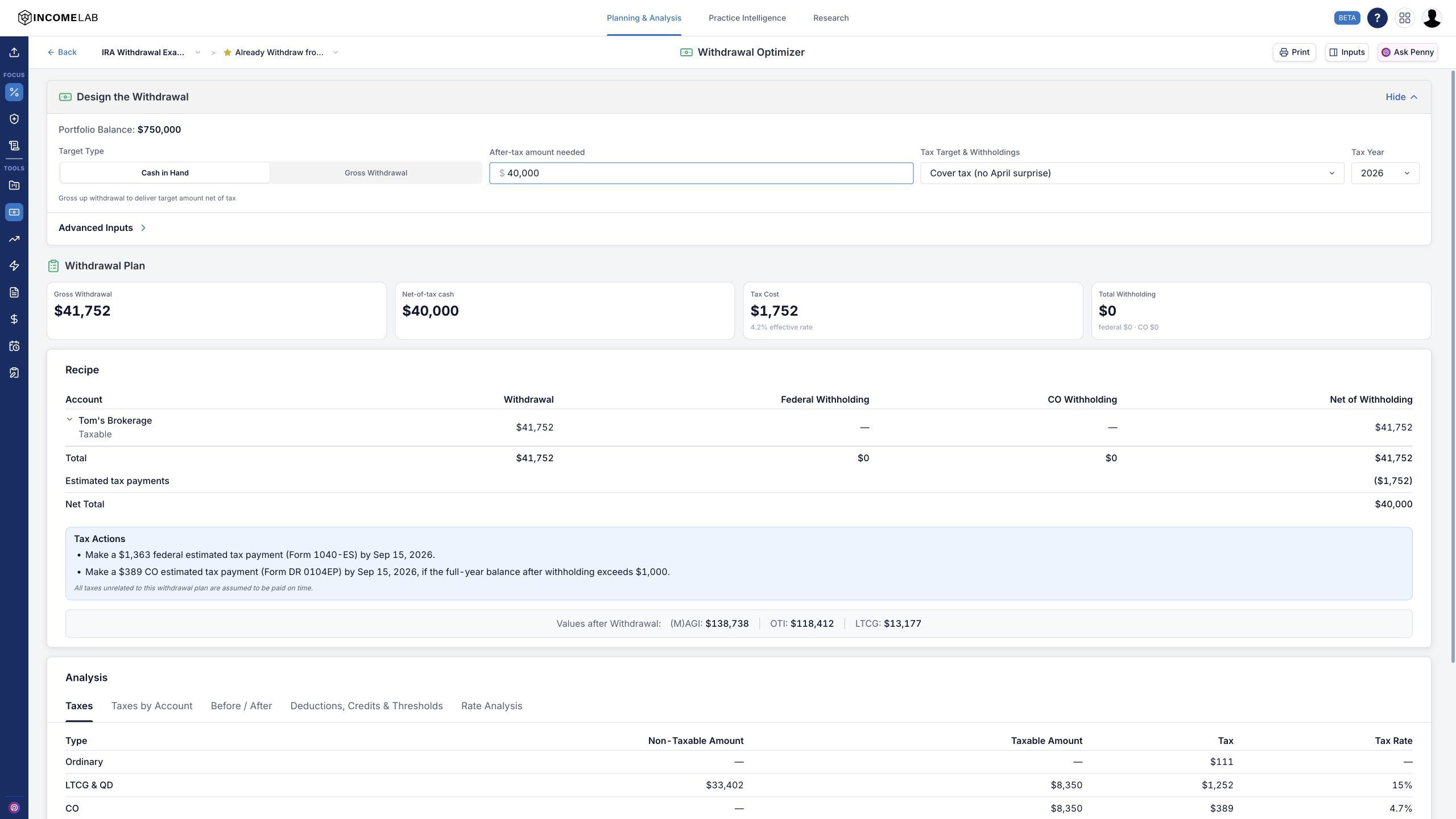Withdrawal Optimizer in Penny, showing which accounts fund a requested withdrawal and the tax cost of the request