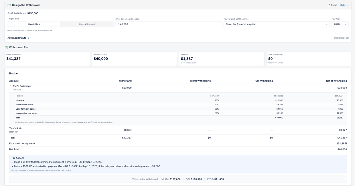 Income Lab&rsquo;s Withdrawal Optimizer showing a sample one-time withdrawal plan: which accounts fund the withdrawal and the estimated tax cost